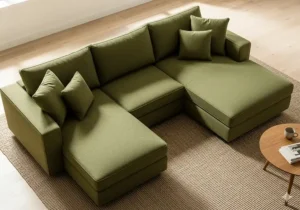 Overhead view of the modular olive green sectional sofa showing its L-shape configuration and ample seating.