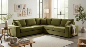 A stunning and comfortable olive green sectional sofa with chaise lounge in a bright, modern living room.
