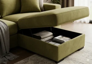 Detail image highlighting the hidden built-in storage compartment underneath the chaise of the olive green sectional sofa.