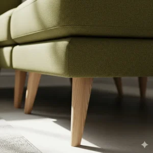 Focus on the tapered wooden legs and sturdy base of the olive green sectional sofa, adding a mid-century modern touch.
