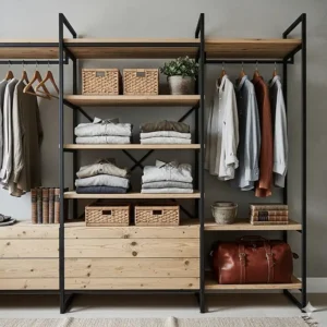 An open shelving unit or wardrobe crafted from natural wood and black metal, providing a modern, airy storage solution for a rustic bedroom.