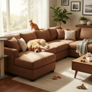 A durable microfiber sectional sofa that is ideal for pet owners, featuring a dog comfortably resting on a brown cushion.