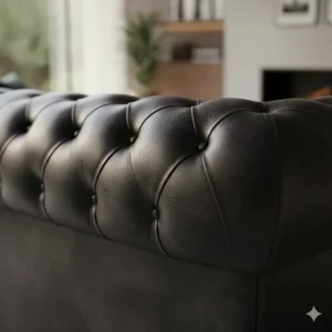 Close-up texture shot of the premium top-grain leather used on the Chesterfield sectional sofa.