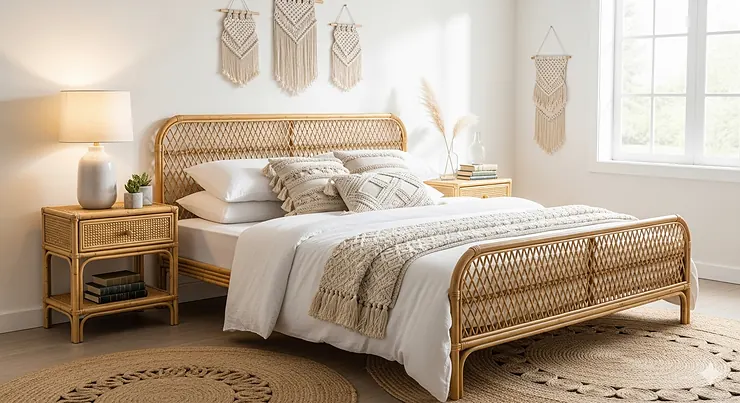 A beautiful, bright bedroom featuring a complete rattan bedroom furniture set, including a bed frame and nightstands, showcasing a bohemian and natural aesthetic.