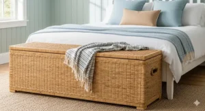 Long rattan storage bench placed at the foot of the bed, providing both seating and concealed storage for a coastal beach bedroom.