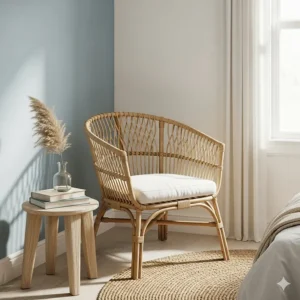 A rattan and wicker accent chair in a corner of a room, providing a natural texture often found in coastal bedroom furniture arrangements.