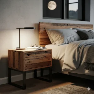 A minimalist nightstand made from reclaimed wood, showcasing a rich patina and clean-lined metal legs, adding character to a modern rustic bedroom.