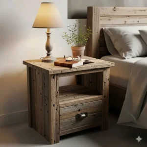 A single reclaimed wood nightstand with a simple design, providing a functional and rustic piece of furniture.
