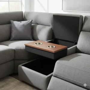 The functional center console of the reclining sectional sofa, featuring integrated cup holders and storage.