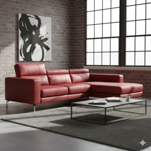 A sleek, contemporary red leather sectional sofa with clean lines, ideal for a minimalist or industrial-style interior.