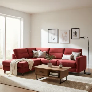 A stunning red sectional sofa serves as the centerpiece of a modern, well-lit living room, complementing the neutral decor.