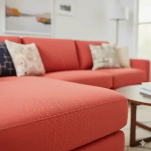 Close-up view of the detailed stitching and cushions on a comfortable, high-quality red sectional sofa.
