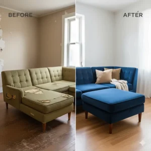 Before-and-after image of a newly reupholstered vintage sectional sofa, showcasing the restoration process.