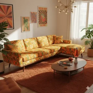 A brightly colored retro L-shape vintage sectional sofa from the 1970s with bold patterns and flared wooden legs.