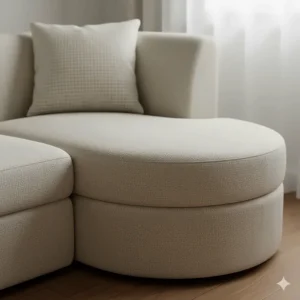 Detail shot of the elegantly rounded end of a small space curved sectional, improving flow and preventing sharp edges.
