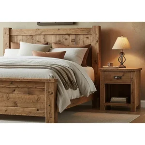 A rustic wood bed with a matching nightstand, showcasing a complementary design.