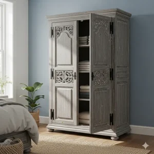 A tall, rustic bedroom armoire with carved details and a weathered gray finish, providing ample storage for clothes and linens.