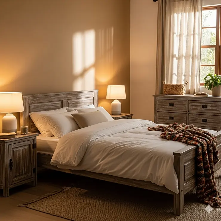 A cozy bedroom featuring a rustic wooden bed frame, matching nightstands, and a distressed dresser, creating a warm and inviting atmosphere.