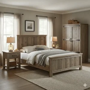 A complete rustic bedroom furniture set arranged in a room, including a bed, nightstands, and a wardrobe, for a cohesive look.