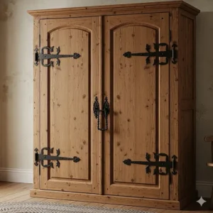 A rustic wooden wardrobe or armoire with double doors and decorative iron hinges.