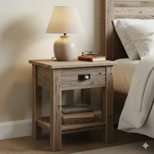 A small rustic bedside table with a single drawer and open shelf, ideal for storing personal items.