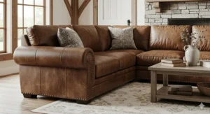 Rustic brown sectional sofa with nailhead trim, complementing a farmhouse or transitional decor.