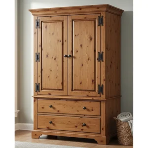 A tall rustic farmhouse armoire made from solid pine, offering ample storage and a classic country feel.