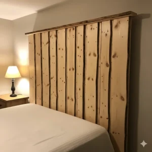 A striking, tall rustic farmhouse headboard made from natural pine planks.