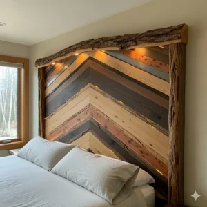 An intricate rustic headboard design made from different types of wood, adding a focal point to the bedroom.