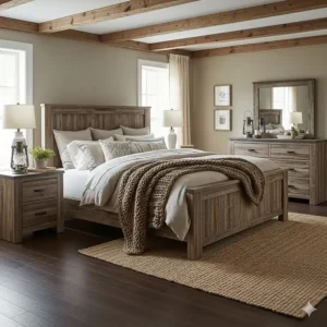 A rustic-style king bedroom with solid wood furniture, including a weathered-look bed and matching pieces, adding a charming, natural touch.