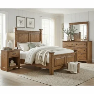 A rustic oak bedroom set with a distressed finish, ideal for a farmhouse or cottage-style decor.