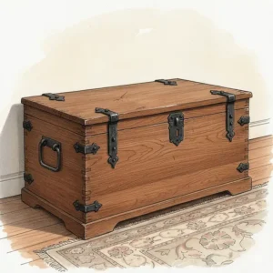 A rustic antique oak storage trunk or chest, ideal for the foot of a bed.