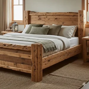 Close-up of a rustic wood bed frame, highlighting the unique grain and knots of the natural wood.