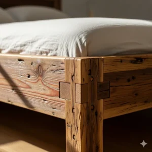 Close-up of a handmade rustic wood bed frame with natural grain and texture, showcasing its unique craftsmanship.