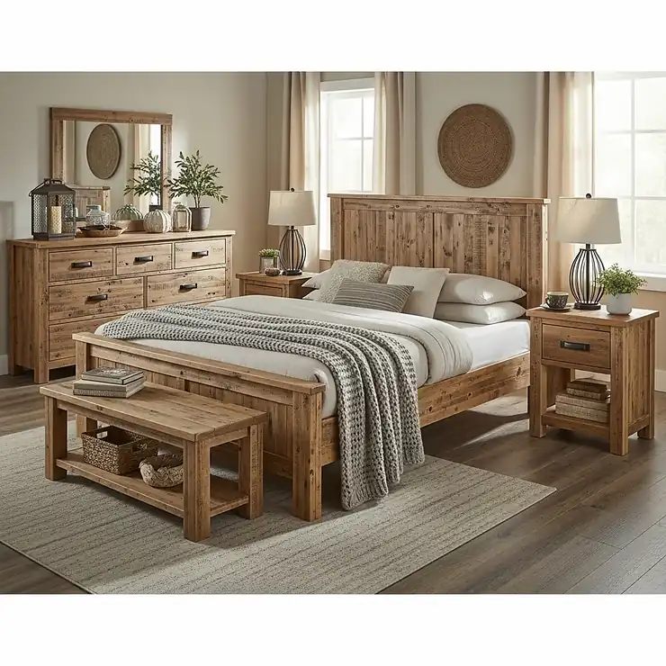 A cozy rustic wood bedroom furniture set, featuring a bed frame with a natural finish, a matching dresser, and two nightstands. The room is decorated in a warm, inviting style with soft lighting. rustic wood bedroom furniture sets