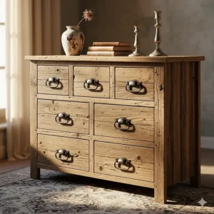 A tall rustic wood chest of drawers, an elegant and functional piece of bedroom furniture for added storage.