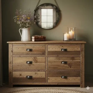 A rustic wood dresser with antique brass handles and five deep drawers, perfect for storing clothes and linens.