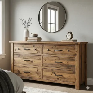 A large wooden dresser with simple hardware and a rustic, distressed finish, offering ample storage and a timeless look for a modern rustic bedroom.