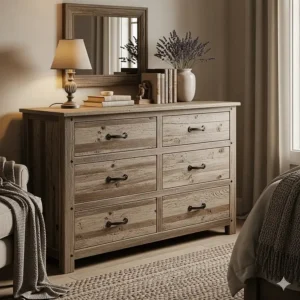 A rustic six-drawer dresser with iron hardware, perfect for a cozy bedroom.