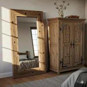 A rustic wood mirror with a thick frame and an accompanying armoire for a complete bedroom furniture collection.