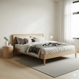 A minimalist bedroom showcasing a simple light wood bed frame in a Scandinavian style, paired with neutral bedding.