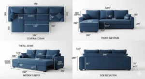 Schematic diagram illustrating the full dimensions and size of the blue sectional sleeper sofa.