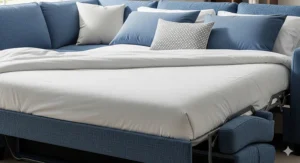Close-up view of the blue sectional sleeper sofa fully extended into a comfortable, full-sized bed.
