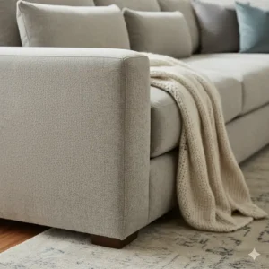 Detail shot of the sturdy construction and piping along the corner of the chenille sectional sofa.