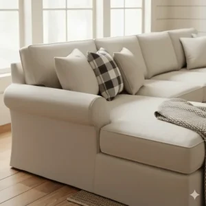 Close-up detail of the rolled arms and deep cushions on this cozy farmhouse sectional sofa.