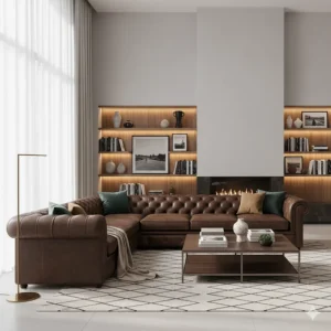 Example of a leather sectional sofa beautifully integrated into a contemporary luxury living room design.
