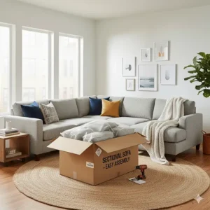 Photo showing a compact sectional sofa delivered in a box (knock-down furniture), illustrating easy shipping and assembly for affordable furniture.