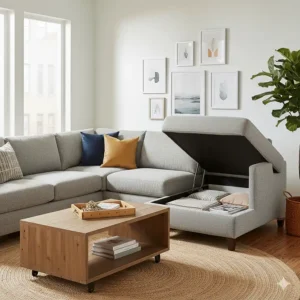 A close-up of the lift-top storage ottoman feature on a budget-friendly sectional sofa under $1000, showing blanket storage inside.