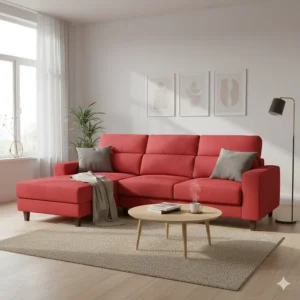 A stylish red sectional sofa that includes a chaise lounge, perfect for relaxing or stretching out after a long day.