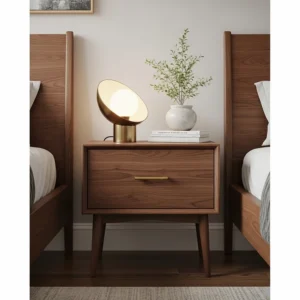 Elegant mid-century nightstand illustration, perfect for a cohesive bedroom furniture set.